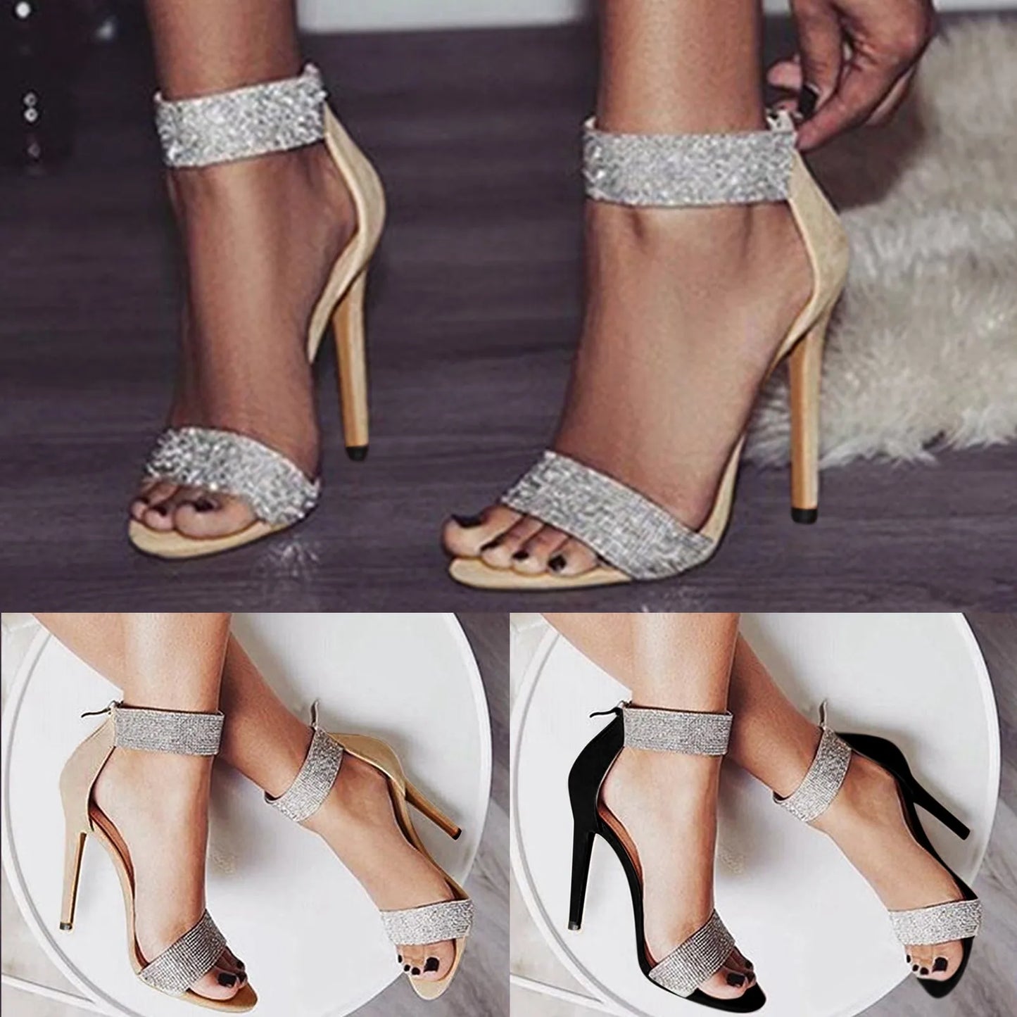 Ladies Diamonds Stiletto Heel Back Zipper Sandals For Wedding Party Dress Fashion Sexy Cocktail Party Open Toe High Heels Shoes