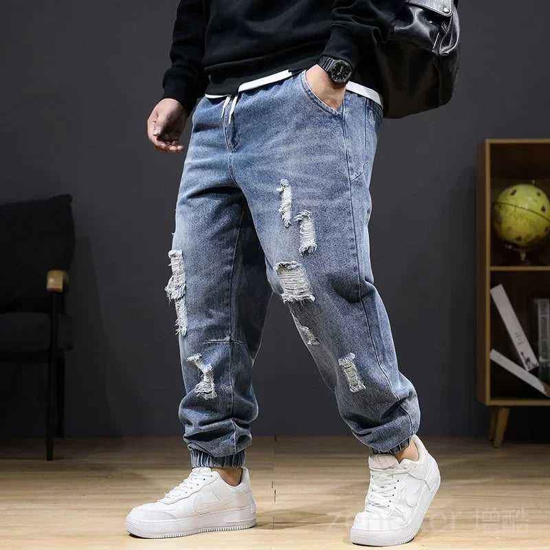 Large size jeans autumn winter section jeans men stretch elastic men high waist plus size hole trousers 8XL 7XL ripped jeans