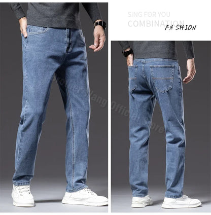 Men's Traight Loose Jeans Cotton Business Casual Stretch Denim Pants Male Trousers Brand Clothing Plus Size 42 44