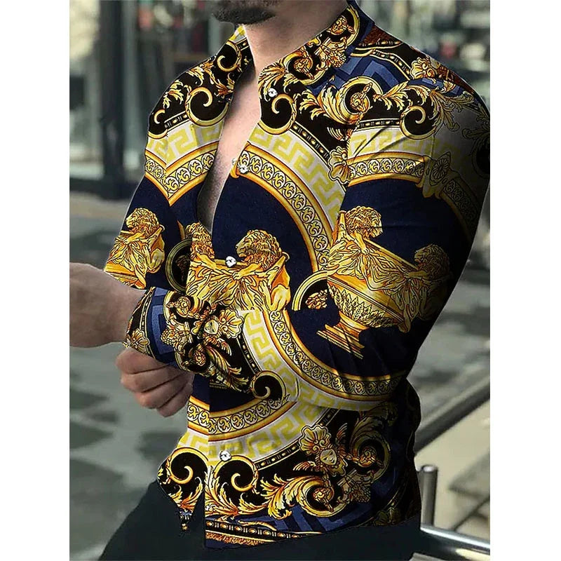 Fashion Luxury Social Men Long Sleeve Shirts Turn-down Collar Buttoned Shirt 2025 Mens Party Clothing Casual Flower Print Tops