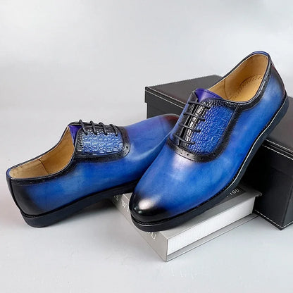 New Men's Business Leather Shoes Fashion Summer Lace-Up Blue Black Hand Carved Wedding Shoes  Office Oxford Shoes