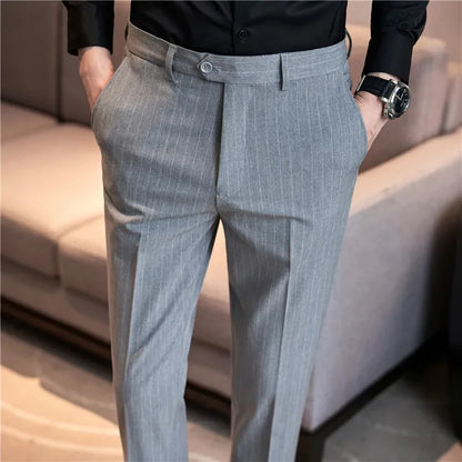 Men Boutique Black Striped Suits Pants Male Formal Wear Wedding Dress Trousers Quality British Style Business Casual Suit Pants