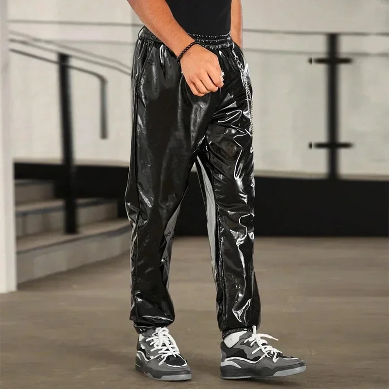 Men's Shiny Faux Latex Leather Lantern Pants Casual Loose with Chain Hip Hop Moto Trousers Pocket Clubwear Elastic New Hot 2024