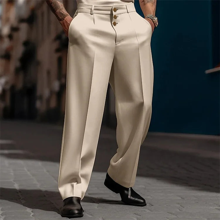 Oldyanup Casual Suit Pants For Men 2024 Spring Multiple Buttons Mid Waist Fashion Straight Trousers Business Comfort Loose Pant