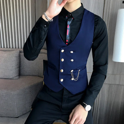 2025 Latest Style Double Breasted Men Suit Vest Gold Button Slim Fit Formal Groom Wedding Vest Streetwear Sleeveless Vest Jacket