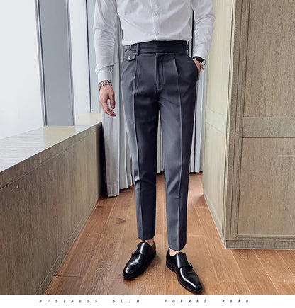 British Style New Solid High Waist Suit Pant Men Business Formal Wear Trousers 2024 High Quality Slim Casual Office Suit Pants