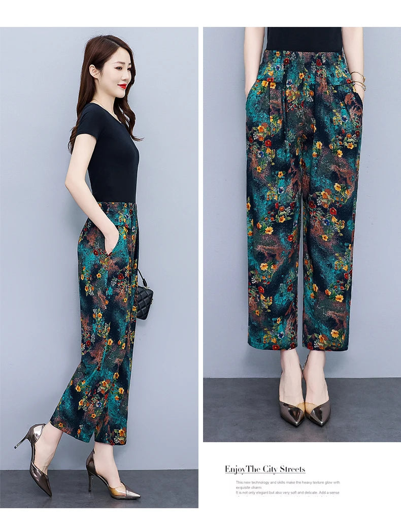 Women Pants High Waist Loose Print Summer Pants for Women Elastic Waist Vintage Clothing