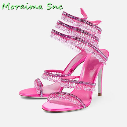 Sexy Luxury Crystal Bling Winding Sandals Stiletto High Heel Open Toe Green Solid Women Wedding Shoes Summer Dress Runway New