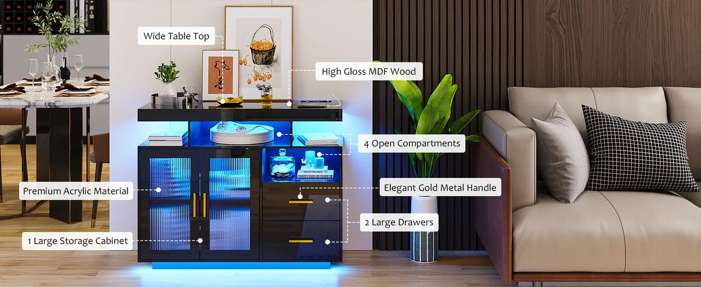 RGB LED Coffee Bar Cabinet with Auto Sensor Lights, High Gloss Sideboard Buffet Cabinet with USB/Type C/Wireless Charger