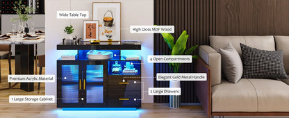 RGB LED Coffee Bar Cabinet with Auto Sensor Lights, High Gloss Sideboard Buffet Cabinet with USB/Type C/Wireless Charger