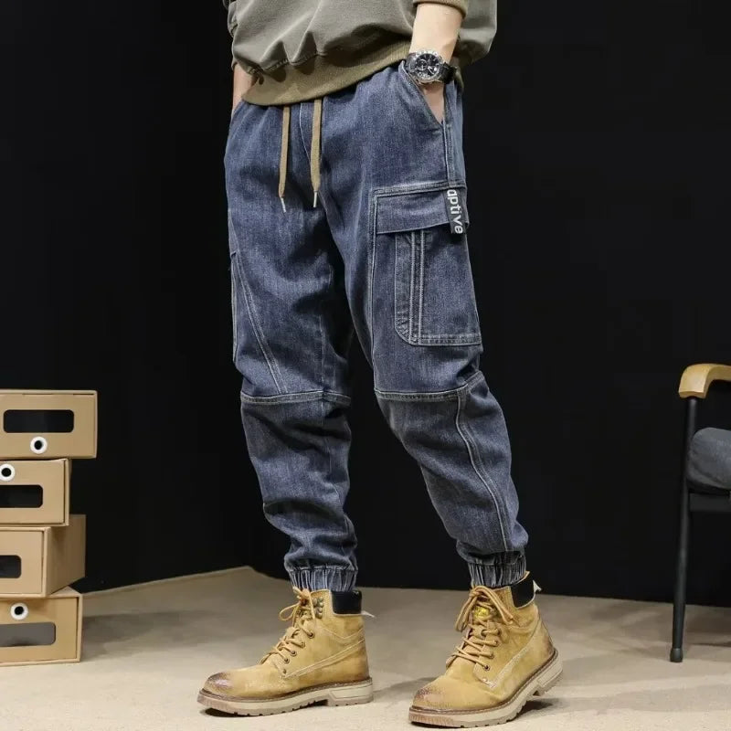 2023 New Men's Jeans Loose Fit Casual Style Vintage Cargo Pants Trendy Male Fashion Straight Blue Stretch Denim Trousers