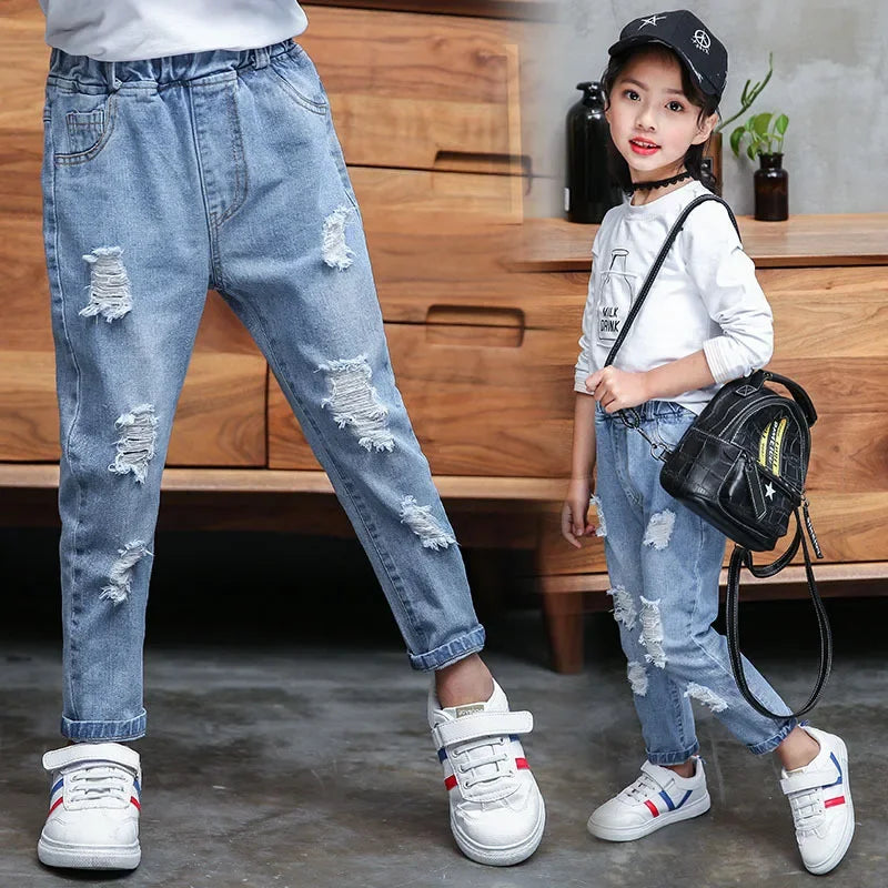 Fashion Children Denim Trousers Teenager Ripped Jeans Kids Hole Pants Casual Kids Clothes For Spring Autumn Hot Boys Girls Jeans