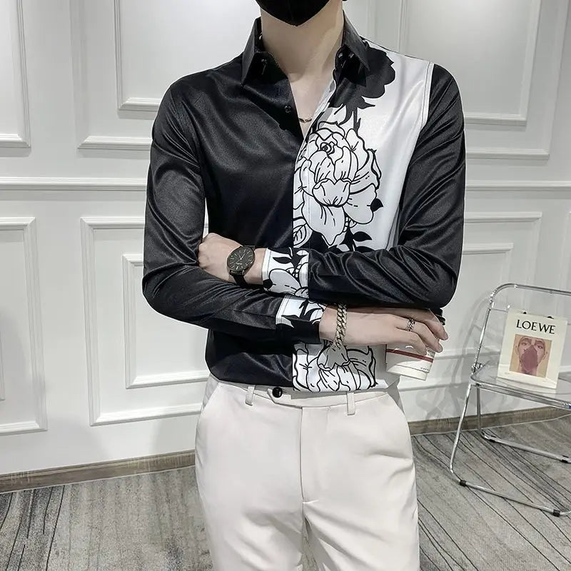 Spring Autumn New Blouse Men's Turn-down Collar Floral Printing Single Breasted Long Sleeve Shirt Fashion Casual Men's Clothing