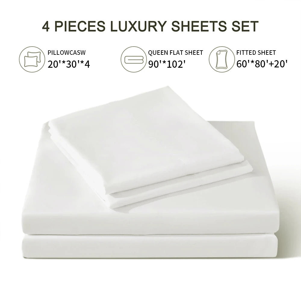 Four-Piece Solid Beding Set Luxury 100% Polyester Cooling Bed Sheets Set Soft Fitted sheet & Bed Sheet & Pillowcases