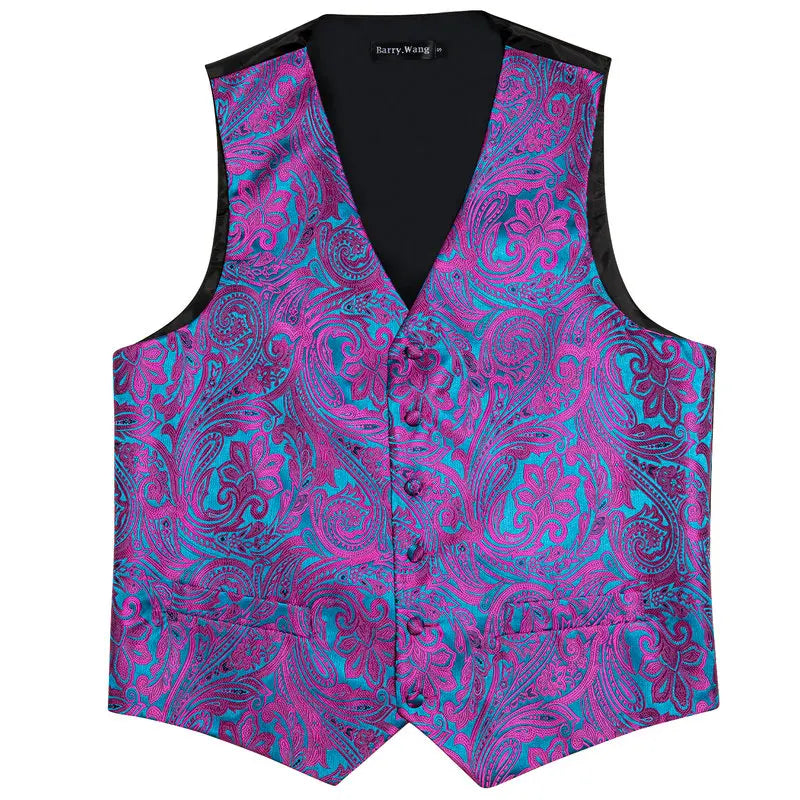 Designer Vest for Men Silk Embroidered Red Burgundy Paisley Waistcoat Tie Pocket Square Set Slim Fit Wedding Suit Barry Wang