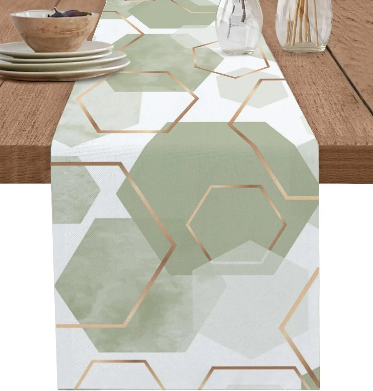 Sage Green Geometric Abstract Minimalist Gold White Linen Table Runners Home Decor Durable Dining Table Runners Party Supplies