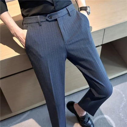 Men Boutique Black Striped Suits Pants Male Formal Wear Wedding Dress Trousers Quality British Style Business Casual Suit Pants