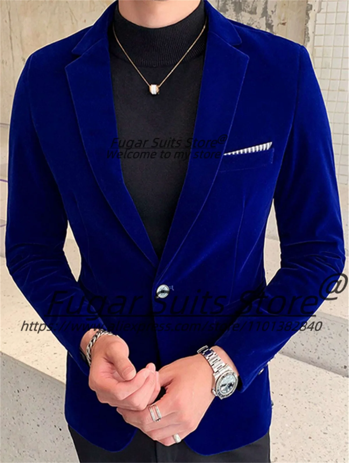 Luxuly Royal Blue Velvet Men Suits Slim Fit Notched Lapel Groom Tuxedos Party 2 Pieces Sets Business Male Blazers Costume Homme