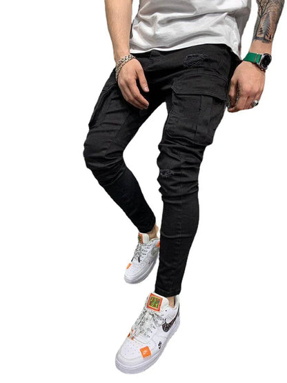 Men Wash Solid Color Multiple Pockets Holes Mid Waist Cargo Pants Trousers Slim Fit Daily Wear Joggers Street Elastic Jeans