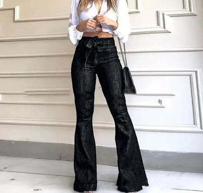 Women Jeans Solid Color High Waist Flare Pants Zipper Fly Flat Pockets Streetwear Slim Patchwork Button Slight Strech Belt