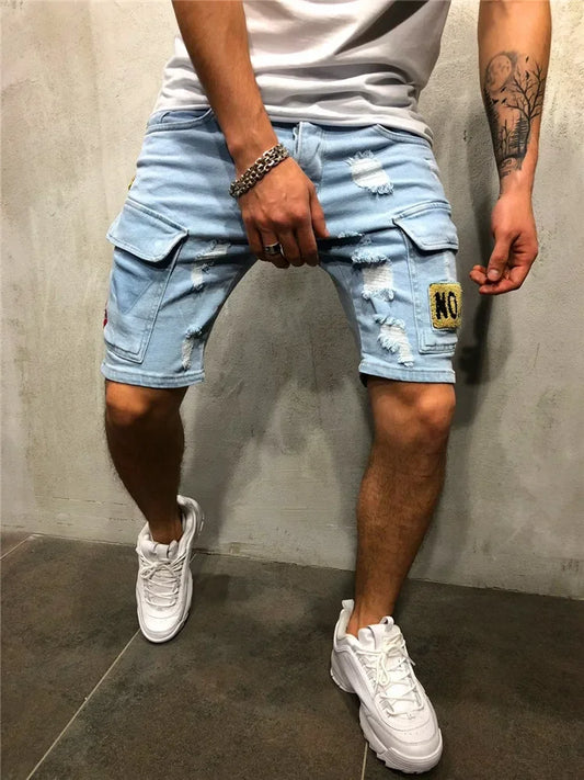 Summer New Men's Stretch Straight Short Jeans Fashion Casual Slim Fit High Quality Elastic Badge Pockets Hole Denim Shorts Male