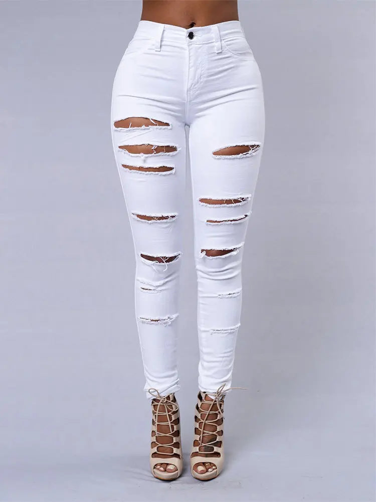 New Spring Summer Elastic Trousers Black and White Ripped Jeans Fashion Sexy Skinny Denim Pencil Pants S-3XL Drop Shipping