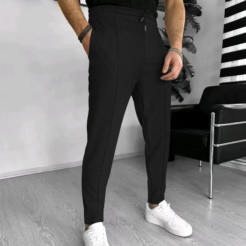 Men's Pants, Street Ruffled Solid Color Casual Waffle Pants, Four Seasons Travel New Breathable Loose Fitness Jogging Pants 2024