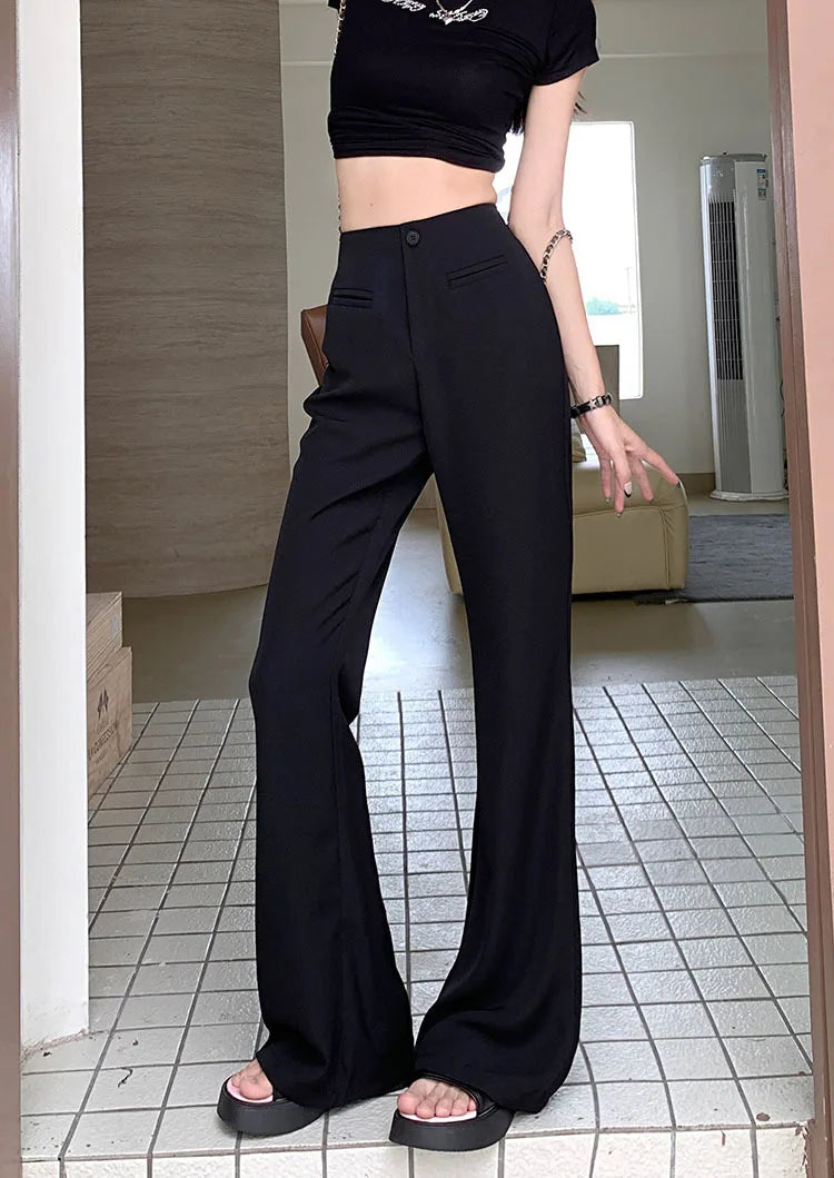 Black Elegant Casual Flare Pants Women Button Korean Style Fashion Long Pants Female High Waist Vintage Designer Pants 2023 New