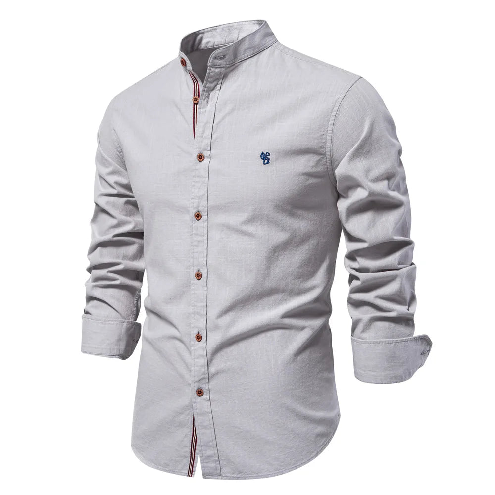 2024 Autumn 100% Cotton Social Shirt Men Solid Color Long Sleeve High Quality Shirt for Men Stand-up collar Casual Men's Shirts