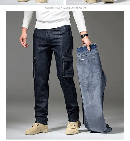 Winter Men's Cargo Jean Fleece Pants With Multi-pockets Loose Style Motorcycle Denim Trousers For Male Washed Size 29-44