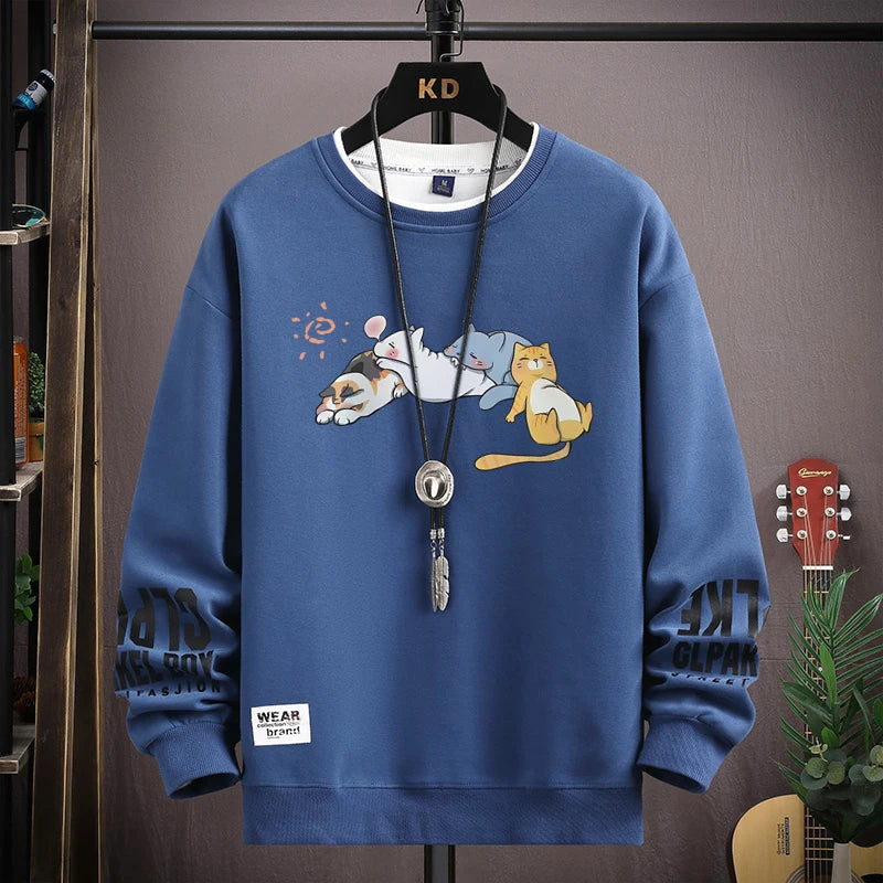 Japan Cartoon Men's Sweatshirt Hoodies Autumn Cats Printed Long Sleeve T-shirt Fashion Men's Clothing Khaki O Neck Harajuku Top