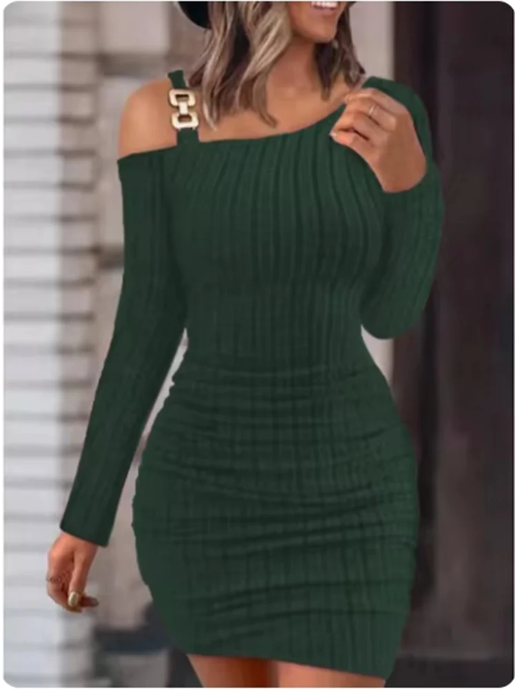 Women's Sexy Slant Neck Dresses Metal Sheet Long Sleeved Off Shoulder Dress Fashion Autumn Dress