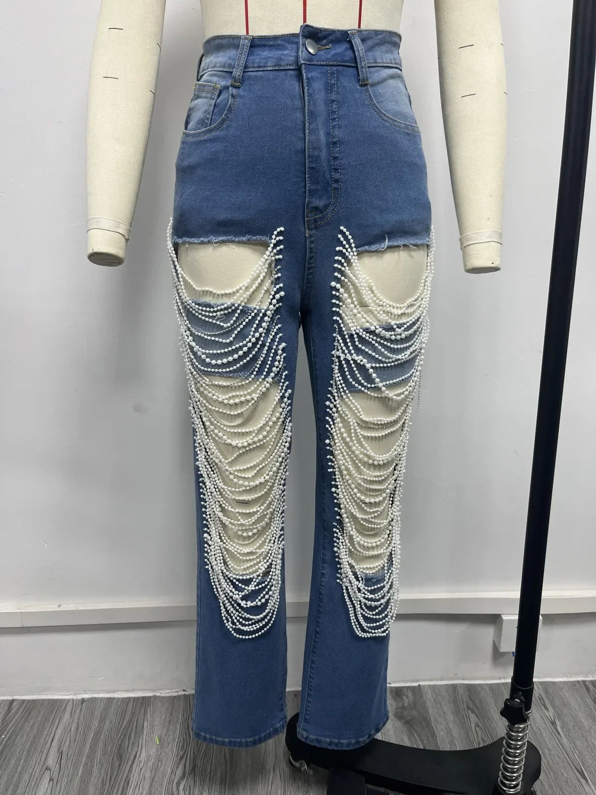 Spice Girl Summer Pants Ripped Heavy Industry Beaded Elastic Jeans Trousers Women JEANS