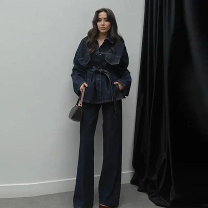 Vintage Belt Denim Jacket Pants Sets Women Lapel Single Breasted Lace Up Coat Straight Trousers 2025 Spring Loose Lady Outfits