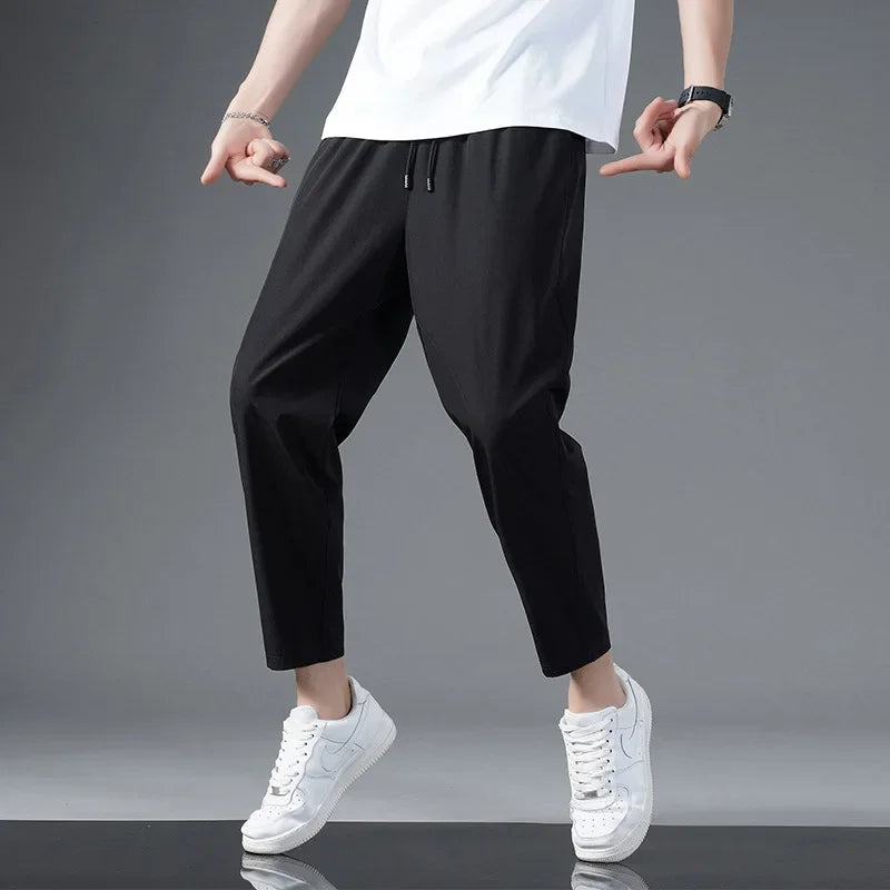 125KG Big Size Summer Ice Silk Crop Pants Men's Elastic Casual Edition Trendy Loose and Quick Drying Sports Large Crop Pants