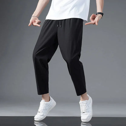 125KG Big Size Summer Ice Silk Crop Pants Men's Elastic Casual Edition Trendy Loose and Quick Drying Sports Large Crop Pants