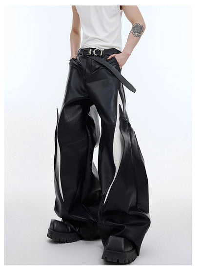 Mauroicardi Spring Autumn Cool Long Loose Casual White and Black Patchwork Pu Leather Pants Men Wide Leg Trousers Fashions 2024