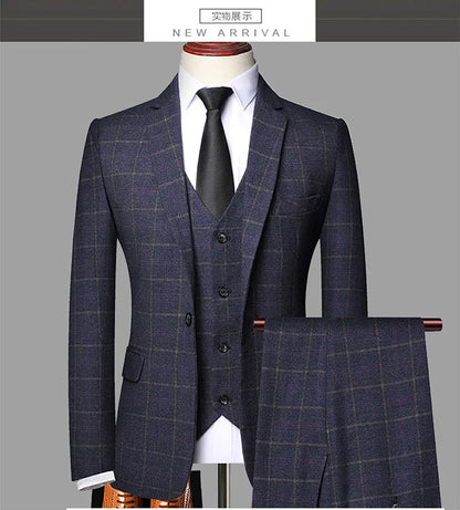 2025 New Men's Three-pieces Fashion Plaid Slim Business Party Formal Elegant Blazer Sets (Jacket+Pants+Vest) Prom Wedding Groom