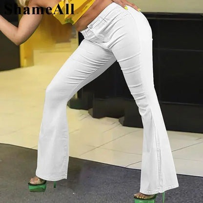 Loose Comfortabl White Flare Jeans 3XL Streetwear Women High Waist Stretchy Grunge Denim Pants Wide Leg Bell Bottoms