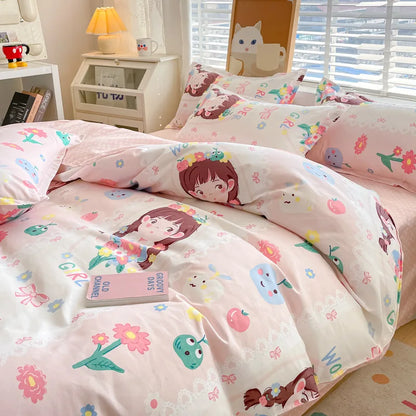 Cute Home Comforter Bedding Sets Washed Cotton Duvet Cover Flat Bed Sheet Set Twin Full Queen King Size Bed For Girls Couple