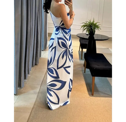 Summer Dress for Women 2024 New Slant Neck Fashion Printed Open Back Casual Dresses Sleeveless Long Skirt Female Streetwear