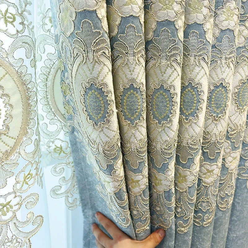 New European Style Simple light blue Thread Embroidered Curtains for Living Room Bedroom Study Blackout Curtain Customization