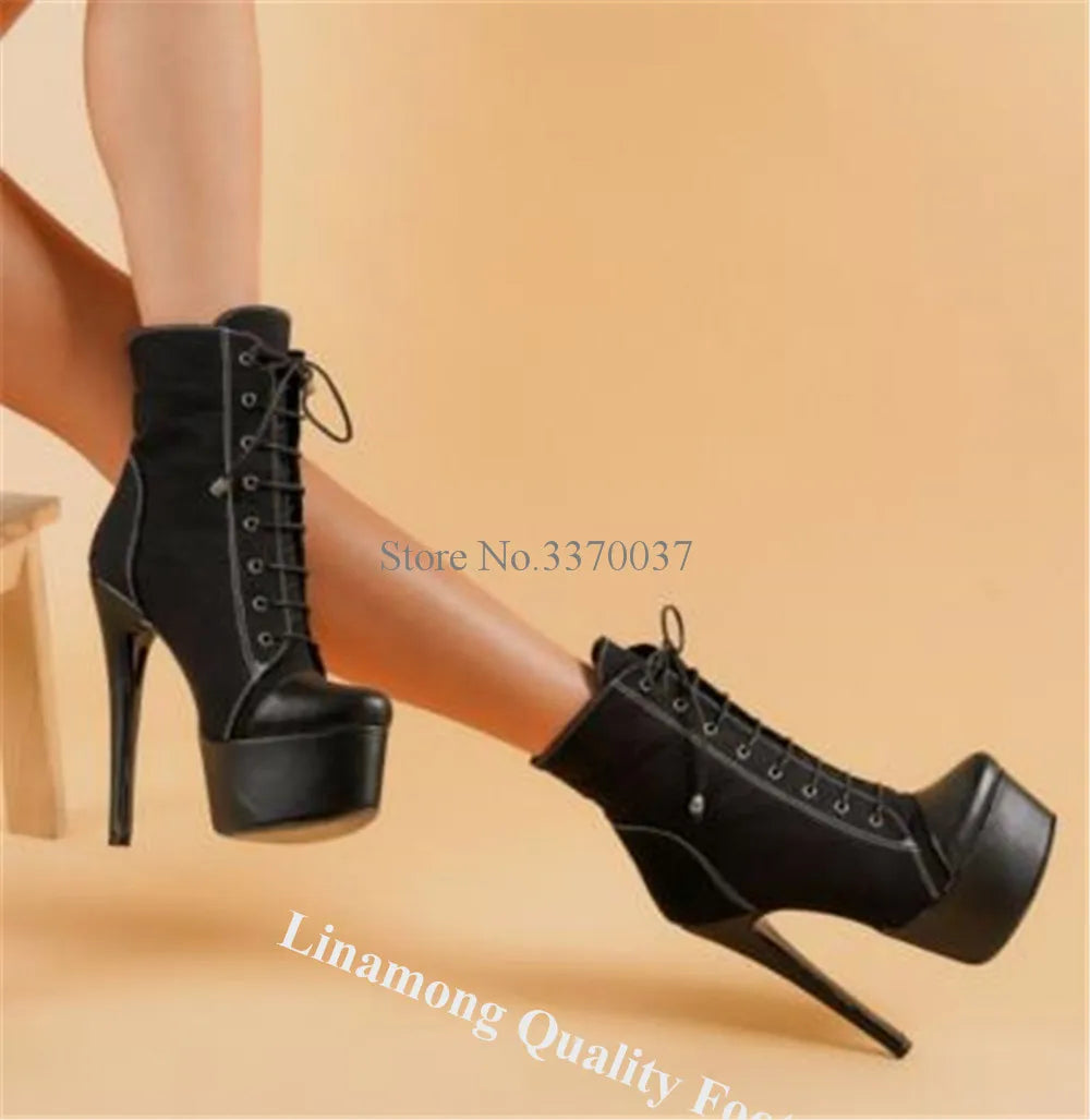 White-black High Platform Short Boots Linamong Western Style Round Toe Lace-up Stiletto Heel Ankle Booties Sexy Casual High Heel