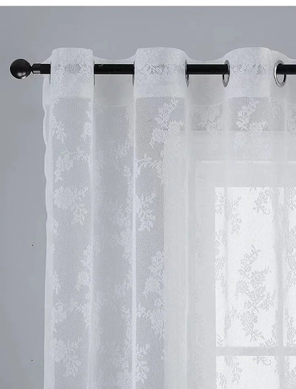 Sheer Lace Curtains for Bedroom Ivory Elegant Grommet Curtains Scalloped Edges Floral Kitchen Window Curtains 63 Inch Length