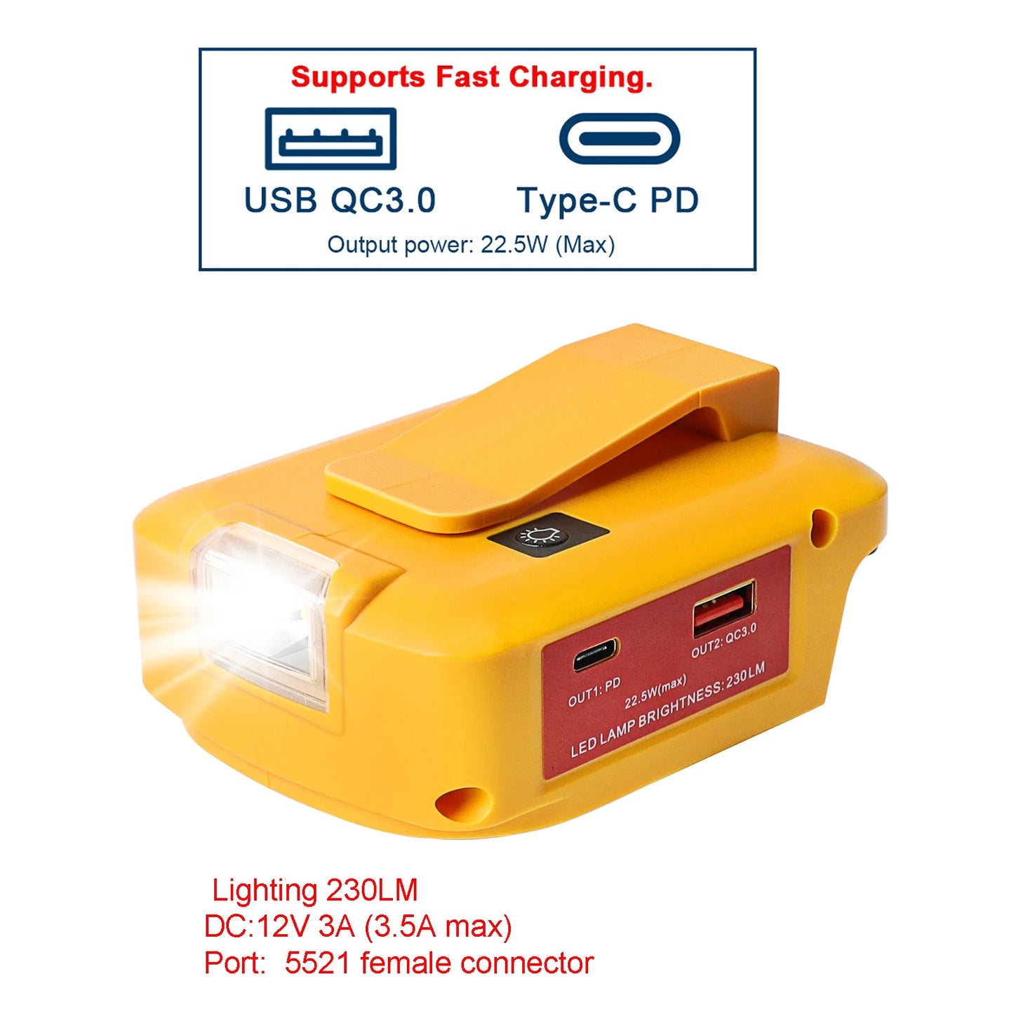 Adaptor For Dewalt DCB 18V 20V  54V 60V battery to DC 12V3A  flashlight fast Charger PD 22.5W  QC3.0  USB C and USBA