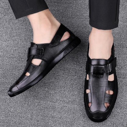 New Genuine Leather Men Black/brown Sandals Dress Shoes Summer Beach Shoes Business  Breathable Hollow Out Flat Casual Sandals