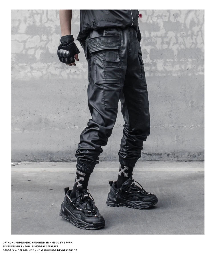 2023 Waxy Coating Punk Hip Hop Cargo Pants Mens Multi-pockets Motorcycle Techwear Functional Joggers Street Casual Trousers