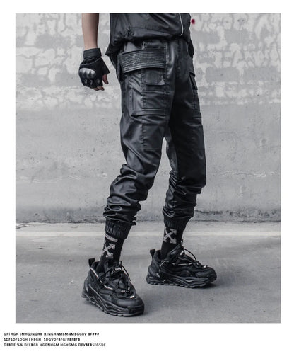 2023 Waxy Coating Punk Hip Hop Cargo Pants Mens Multi-pockets Motorcycle Techwear Functional Joggers Street Casual Trousers