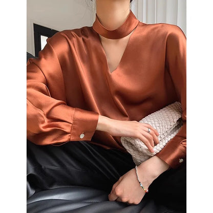 Lantern Sleeve Satin Shirt Elegant Loose Women Tops and Blouses 2024 Autumn