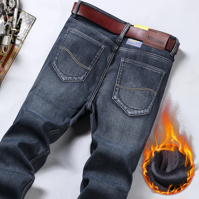 WTHINLEE Winter Thermal Warm  Fleece Thick Warm Men's Jeans Winter Stretch Straight Denim Plush Pants Classic Casual Trousers